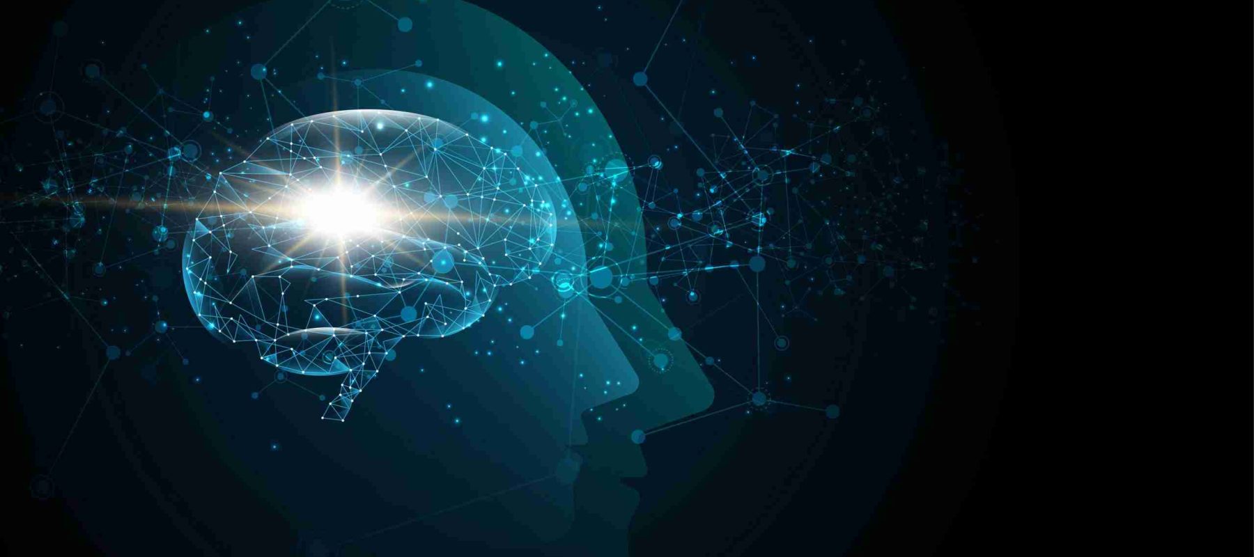 Brain inside head of human artificial intelligence digital wireframe dot vector illustration